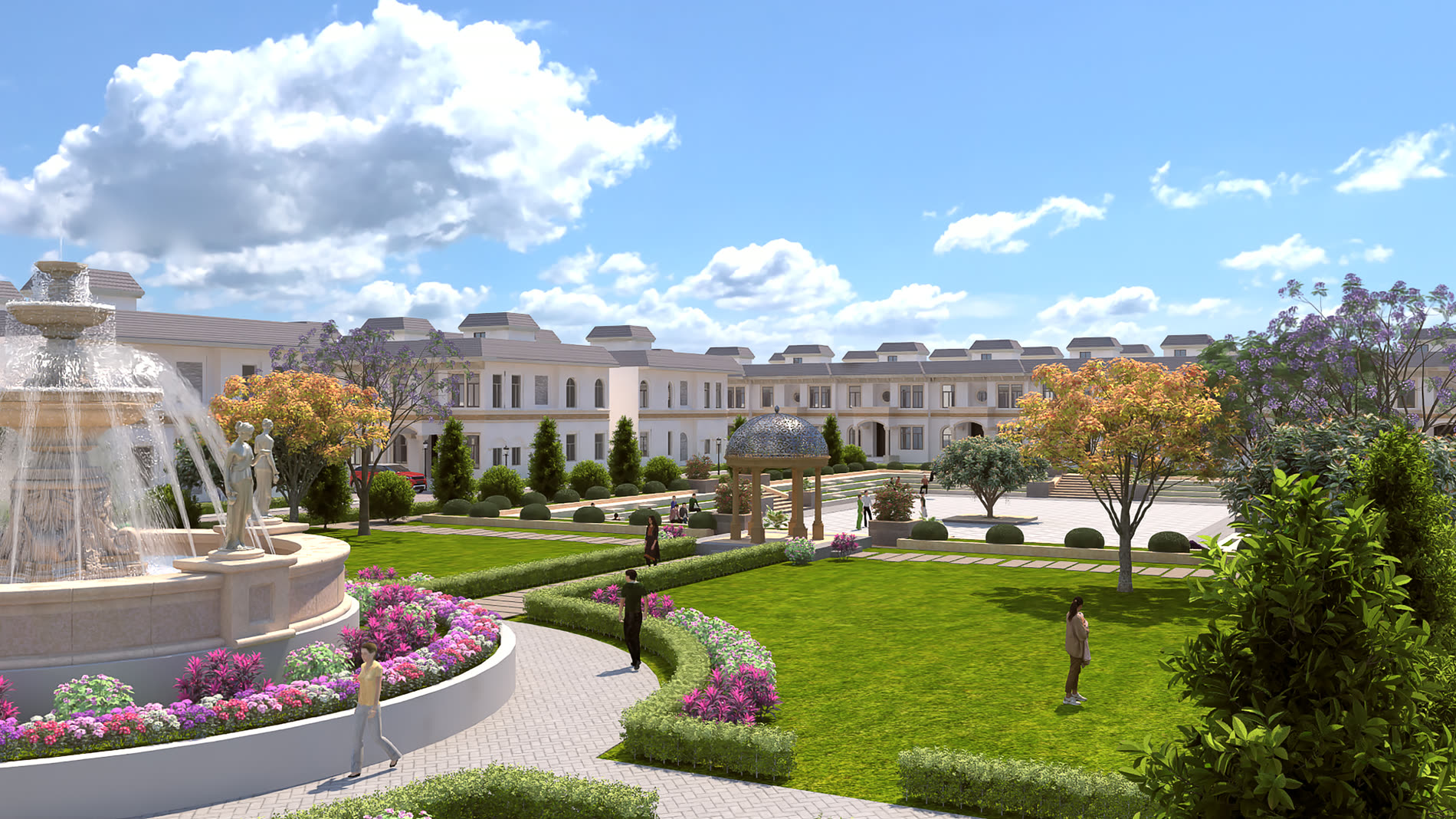 Landscaped gardens and walkways at The Golden City