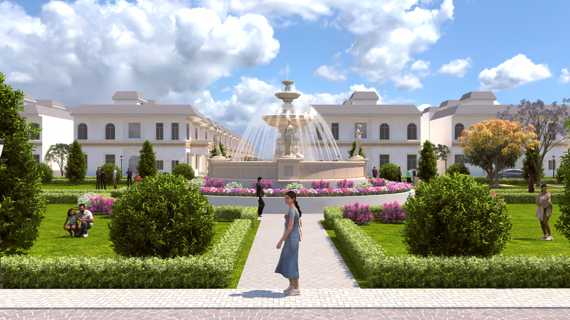 Central park fountain and landscaped gardens at Golden City