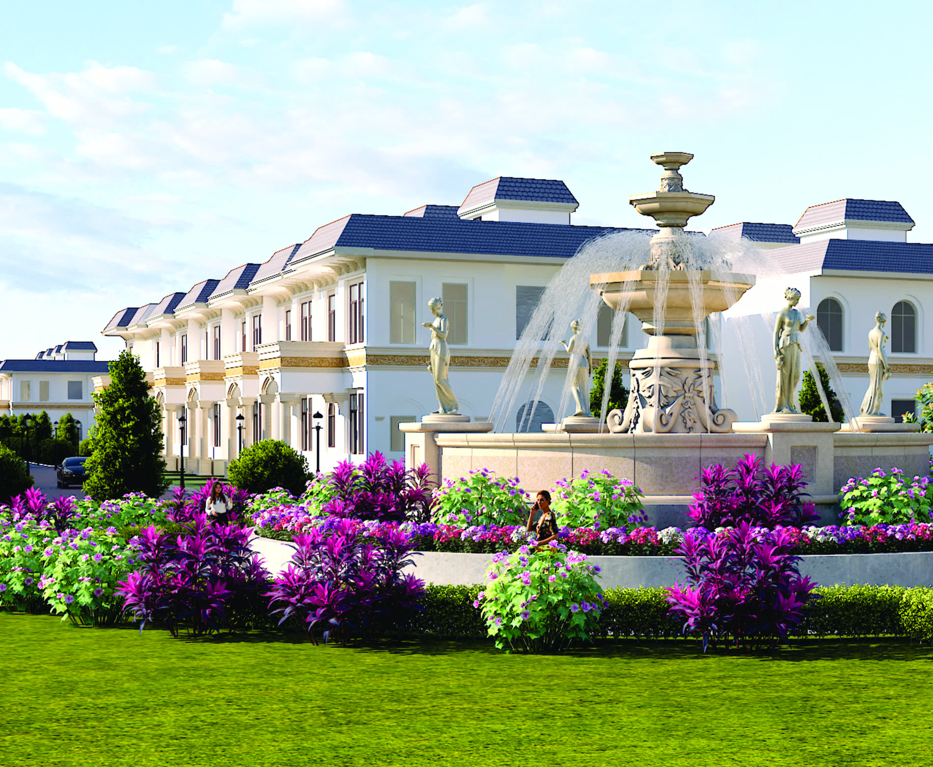Fountain plaza with flowering gardens in front of residences