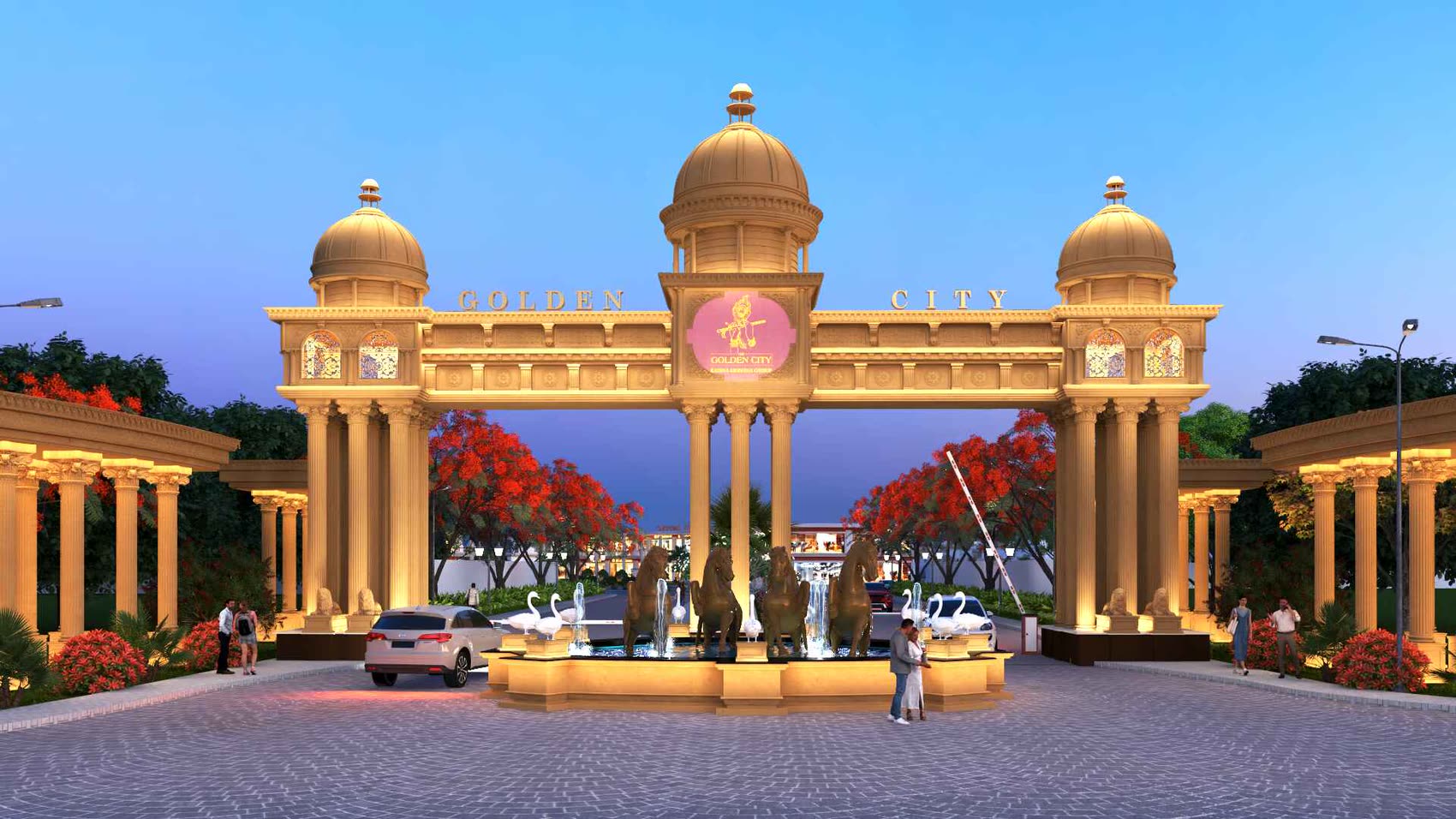 Golden City main gate lit at dusk