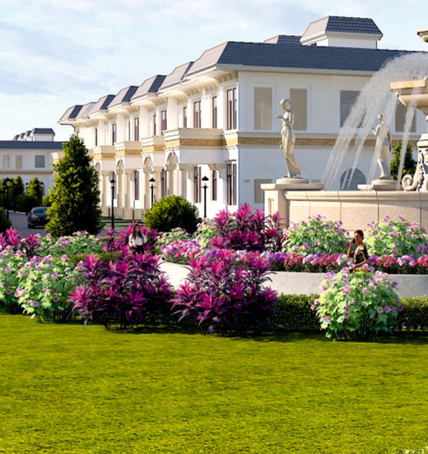 Golden City residences with fountain and landscaped gardens