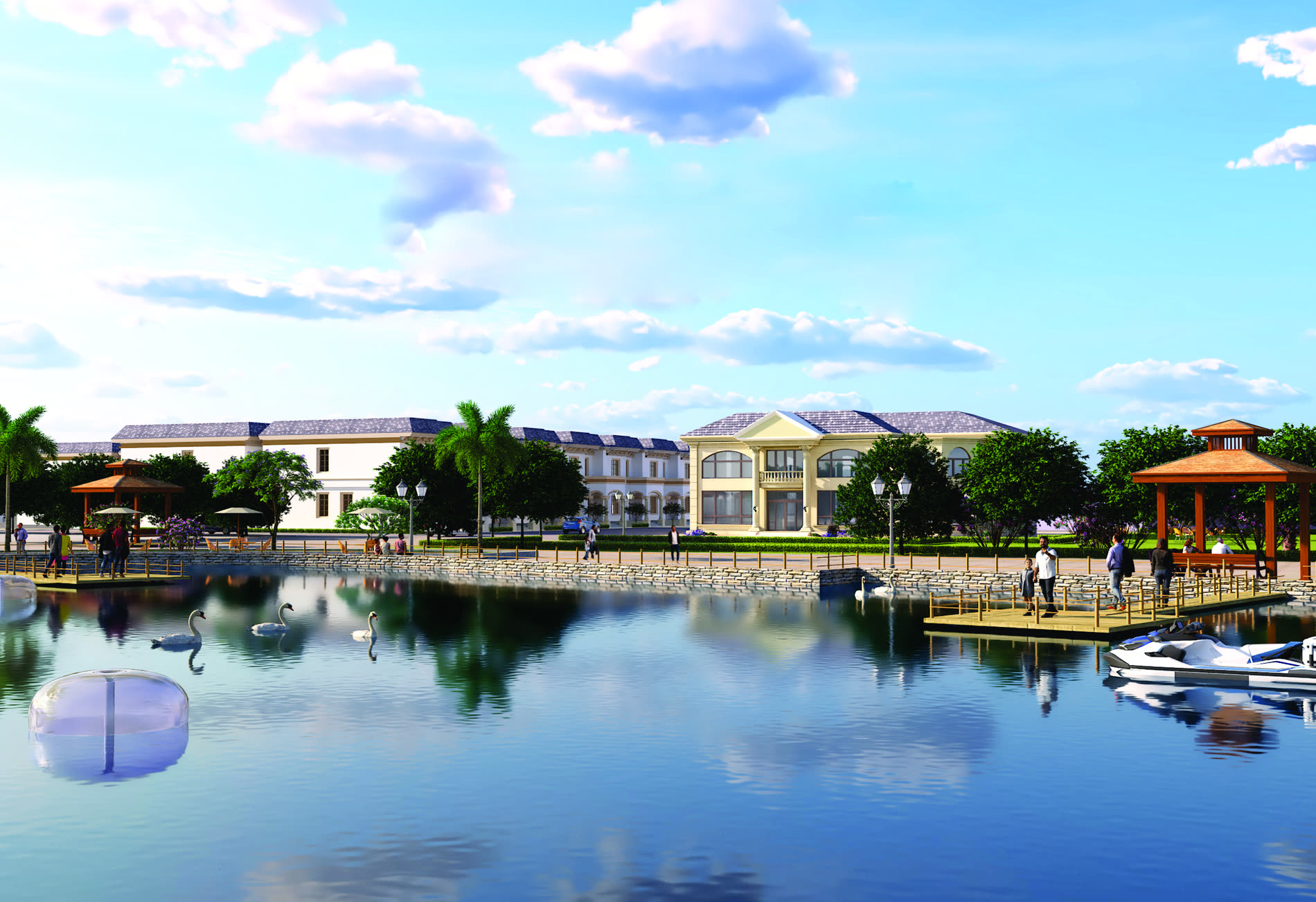 Lake front residences and promenade at Golden City Township