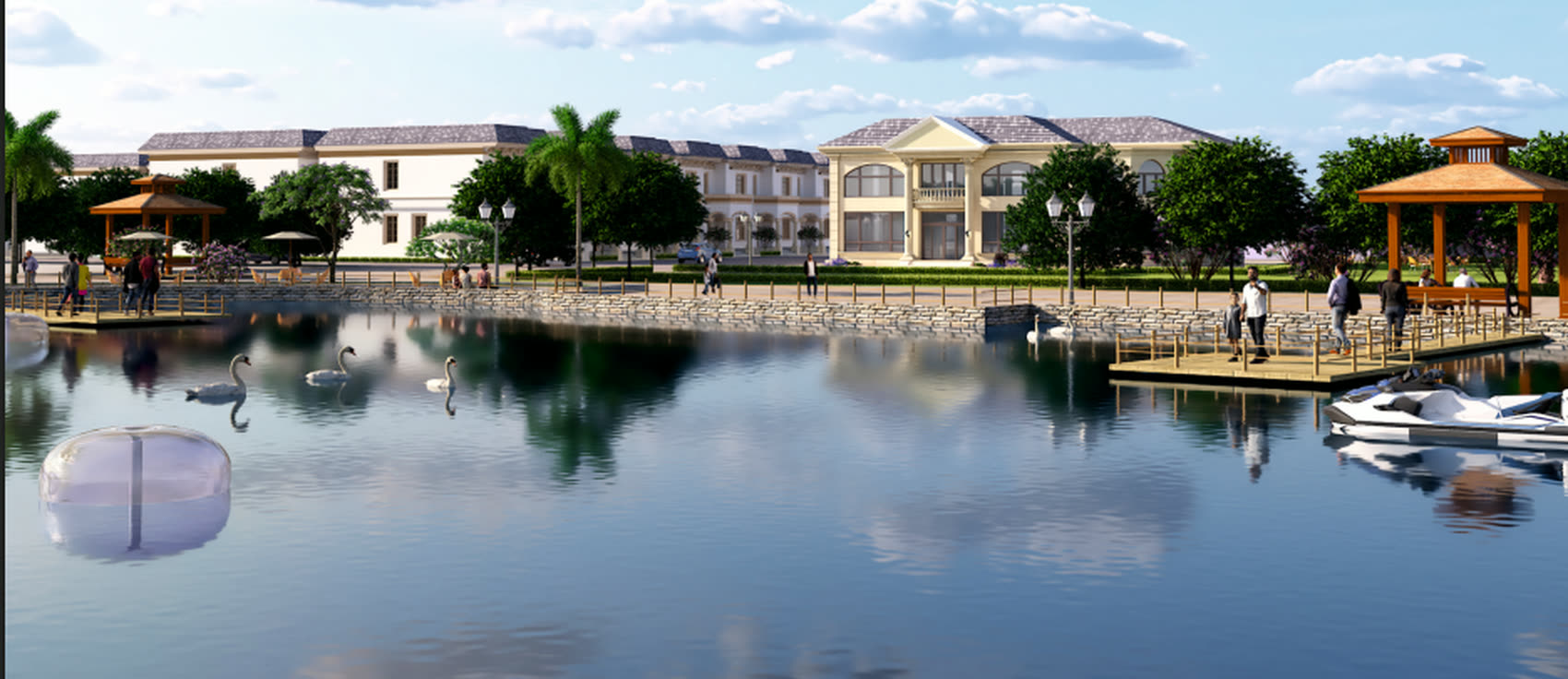 Lake side club house and gazebos at Golden City
