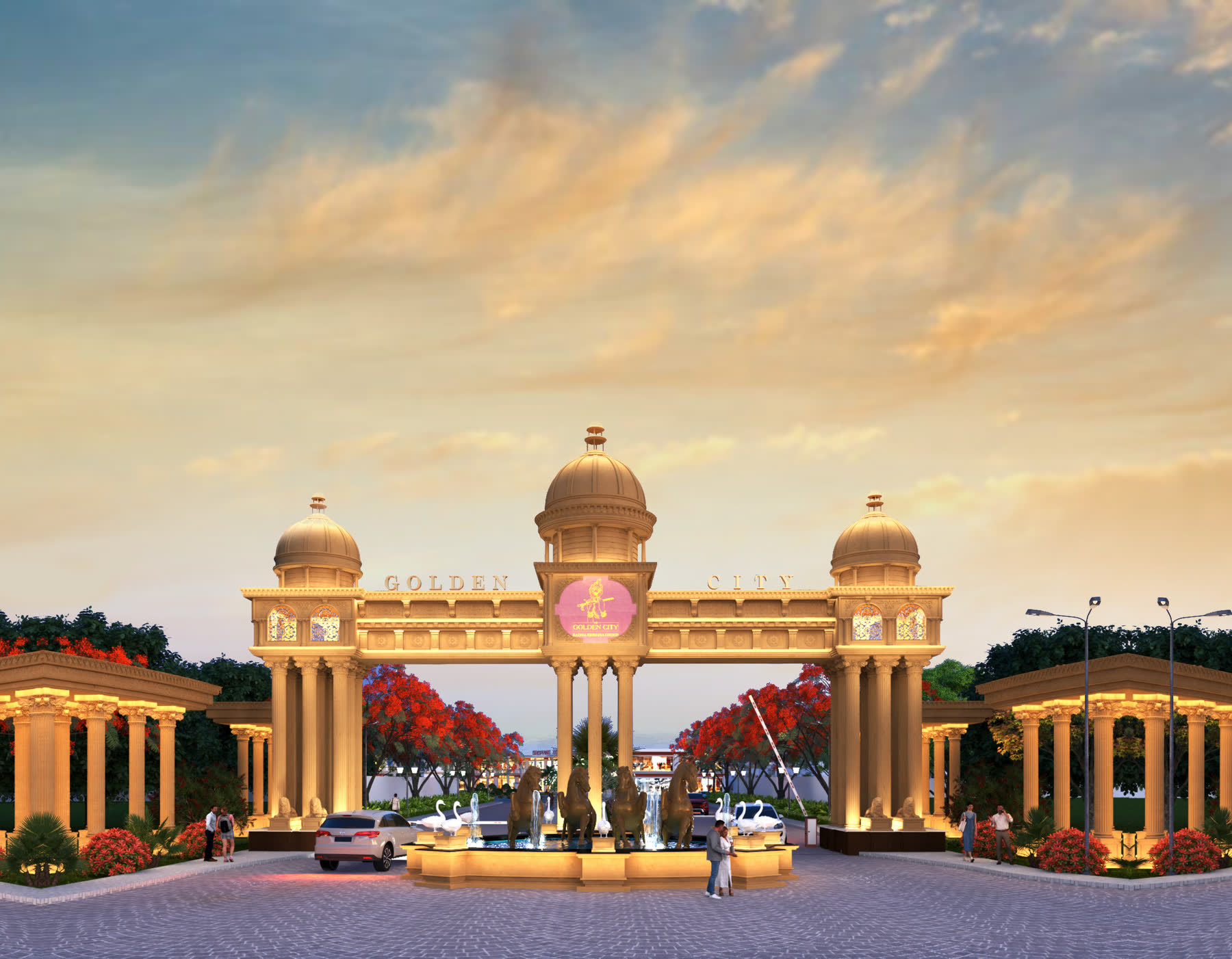 Golden City Township entrance gate at sunset