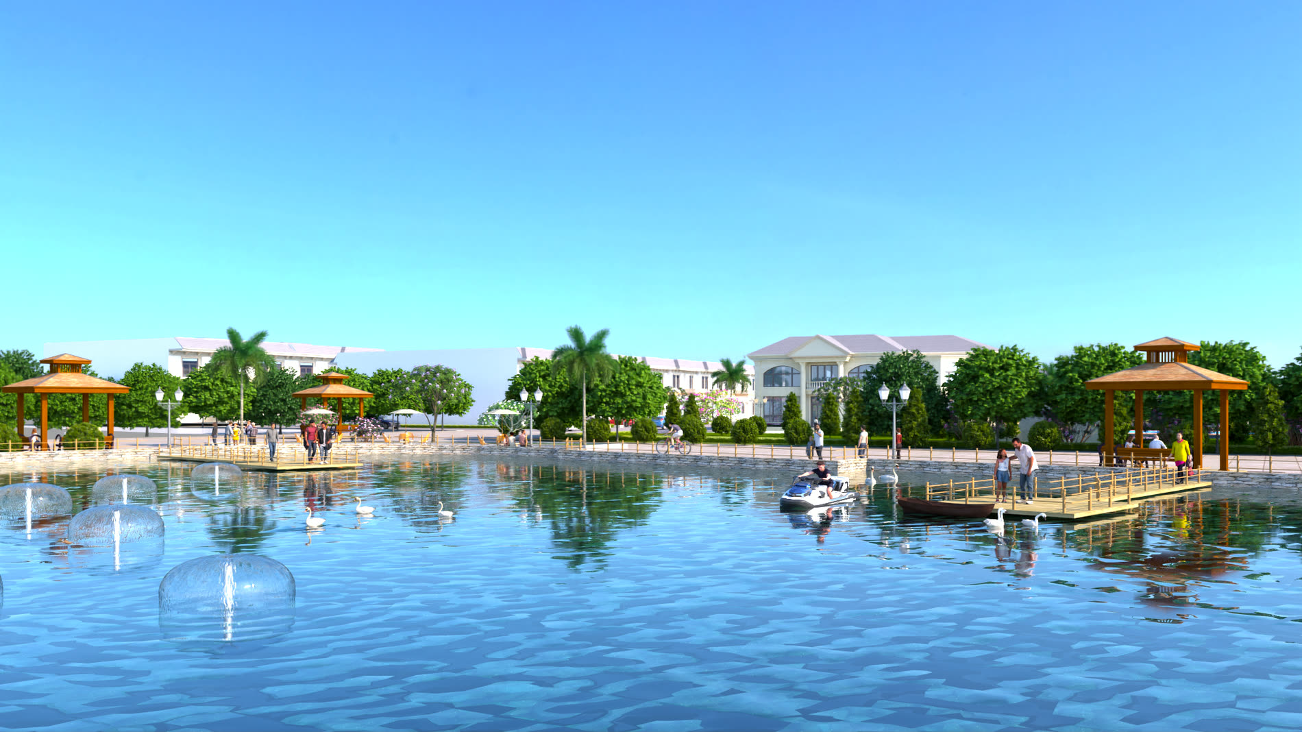 Lake front with boating deck at The Golden City Township